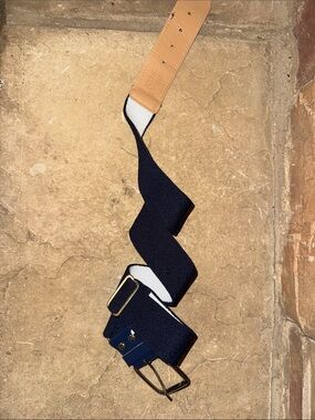 Men's Navy Baseball Elastic Web Belt with Tan Leather Trim